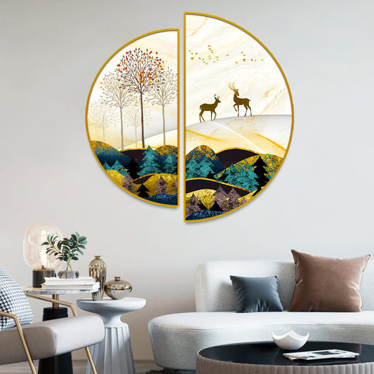 Semi Circle Golden Trees With Birds And Deer Wall Paintings & Arts