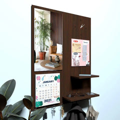 Beautiful (7 In One)' Wooden Wall Organiser With Mirror, Key hangers, Coat Hangers, Pin Board, Clock, Calendar