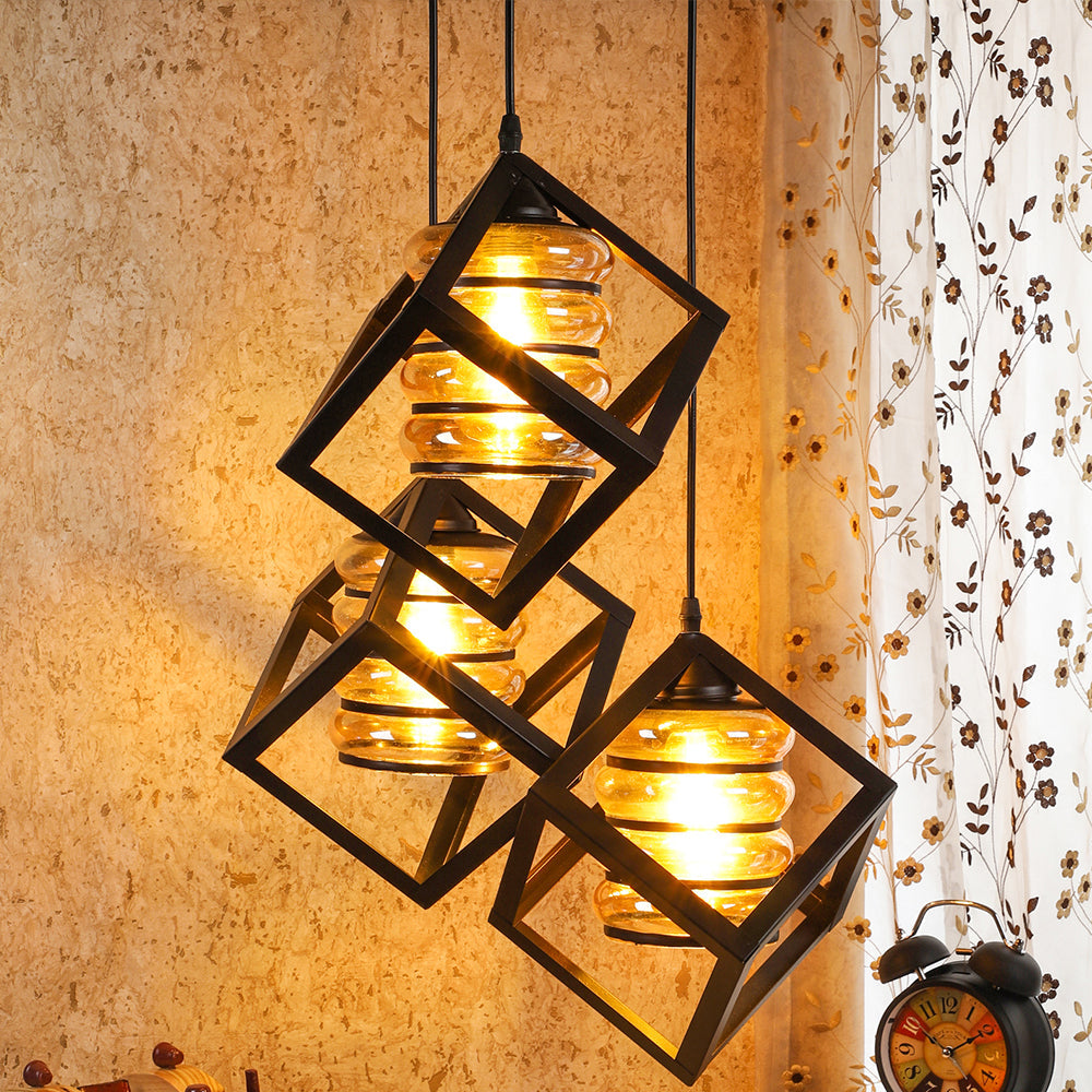 Metal Encased Luster Glass Designer Triple Hanging Light