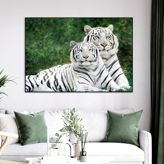 Gorgeous White Tiger Couple Wildlife Painting for Living Room
