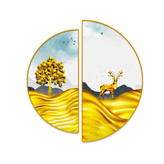 Semi Circle Golden Trees With Mountains And Deer Wall Paintings & Arts