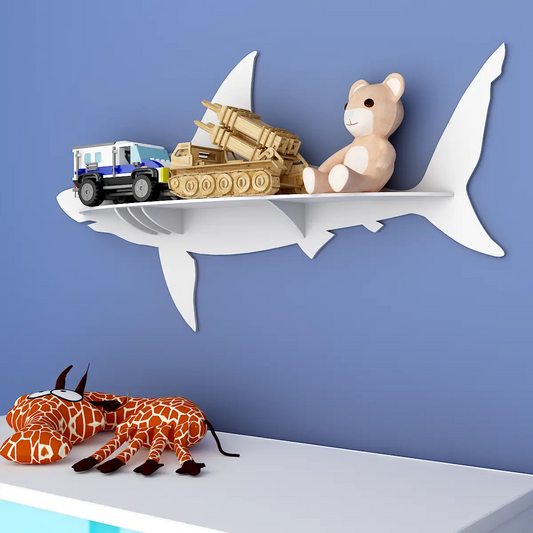 Shark Backlit Wood Wall Shelf / Book Shelf / Night Light, White Color