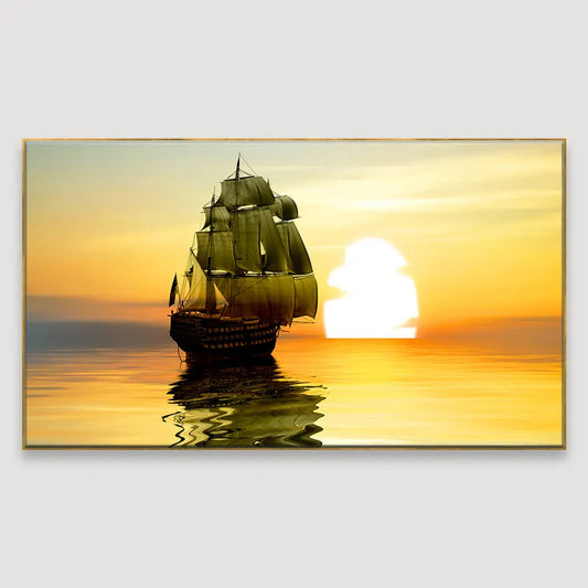 Beautiful Sailing Ship With Sunset Scenery Canvas Big Panoramic Wall Hanging