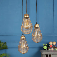 Golden Metal Caged Bulb Shape Decorative Cluster Hanging Light