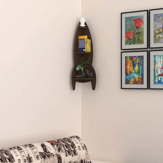 Rocket Shape Wood Corner Wall Shelf / Book Shelf,Walnut Finish