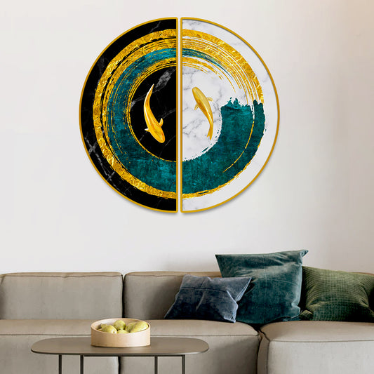 Abstract Blue Geometric Semi Circle Gold Line Art Decoration Paintings