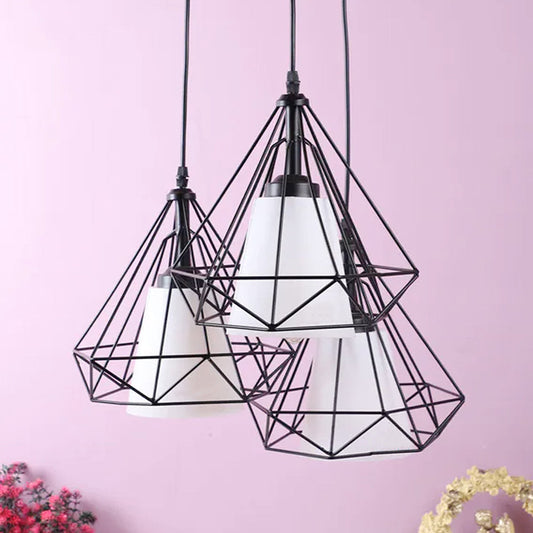 Diamond Cut Metal Frame White Cluster Hanging Light