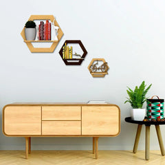 Hexagon Shape Wood Wall Shelf / Book Shelf,Walnut and Oak Finish