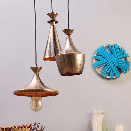 Tri Shaped Ancient Motif Golden Cluster Hanging Light