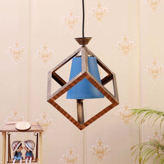 Wooden Motif Cubic Blue Modern Club Single Hanging Light