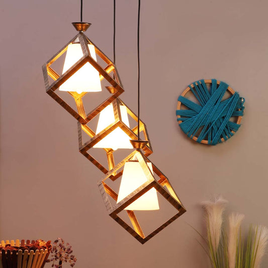 Wooden Motif Cubic White Modern Club Cluster Hanging Lights