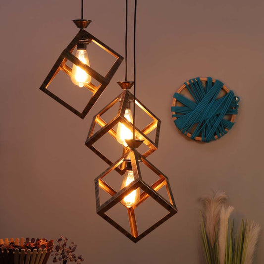 Wooden Motif Cubic filament Modern Club Cluster Hanging Lights