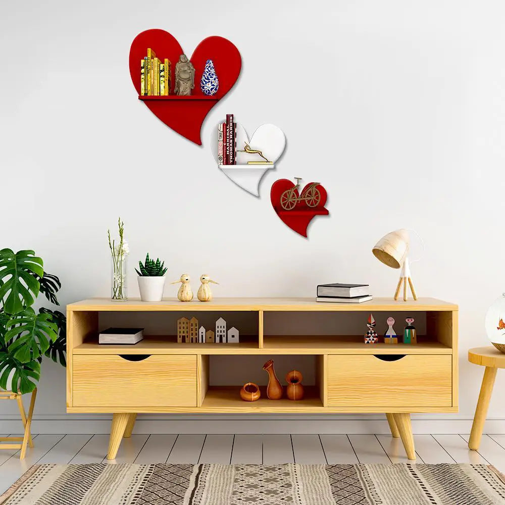 Heart Shape Wood Wall Shelf / Book Shelf, Red and White Color