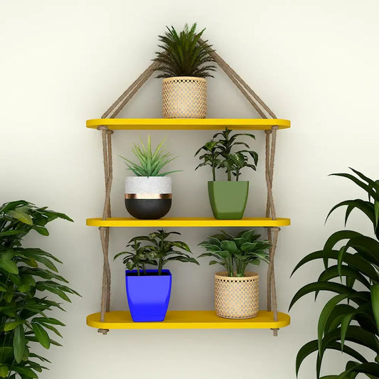 Wooden Wall Hanging Planter Shelf, Cross Rope with Three Layer (Yellow Color)