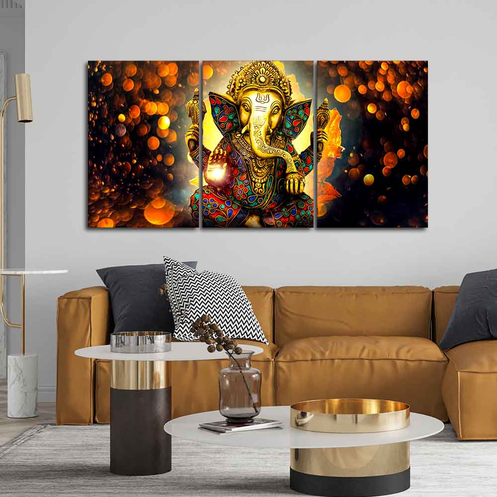 Lord Ganesha Canvas Wall Painting of 3 Pieces