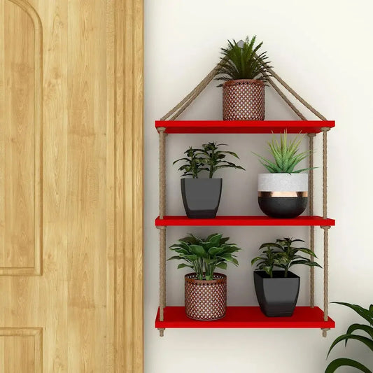 Planter Shelf Wooden Wall Hanging with Rope (Red Color)