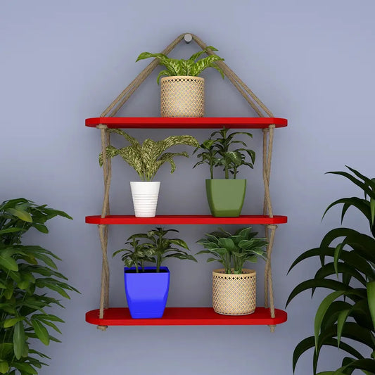 Wooden Wall Hanging Planter Shelf, Cross Rope with Three Layer (Red Color)