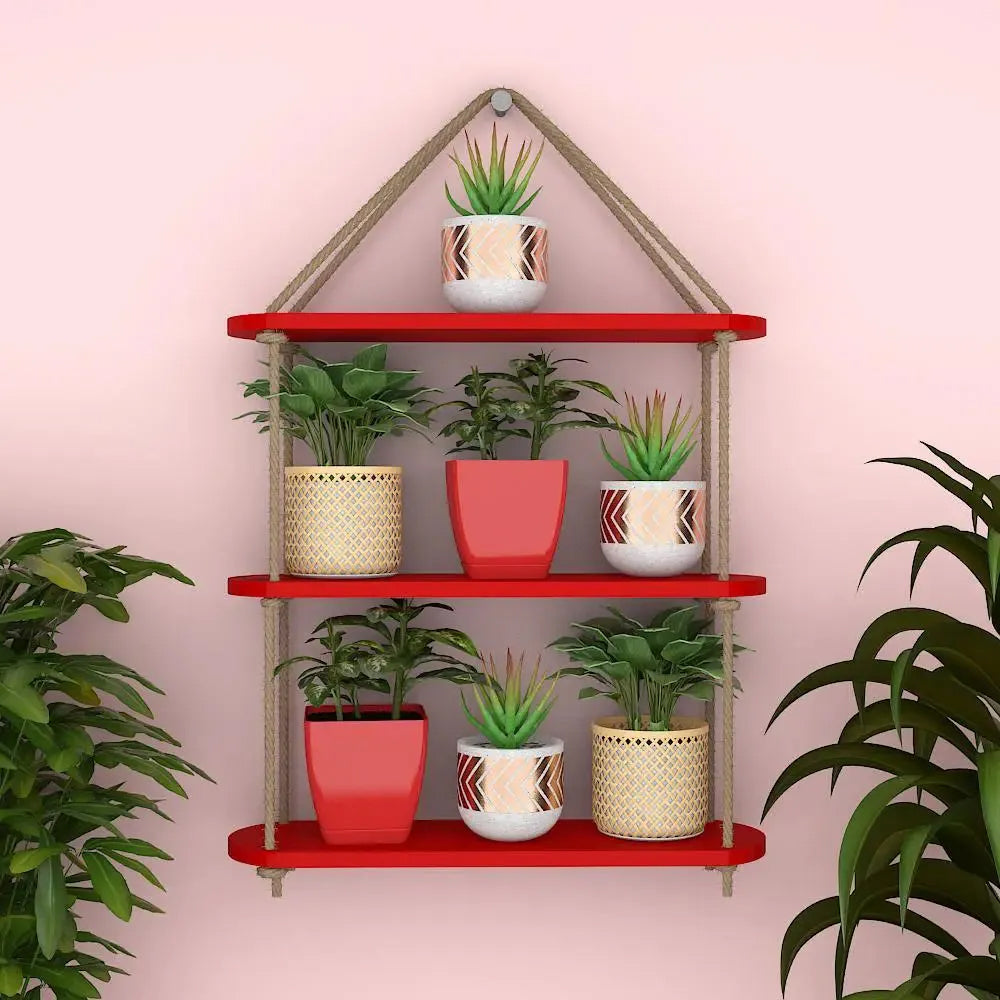 Wooden Wall Hanging Planter Shelf with Rope Three Layer (Red Color)