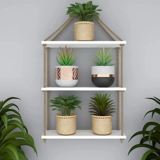 Planter Shelf Wooden Wall Hanging with Rope (White Color)