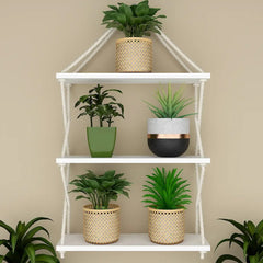 Cross Rope Wooden Wall Hanging Planter Shelf (White Color)