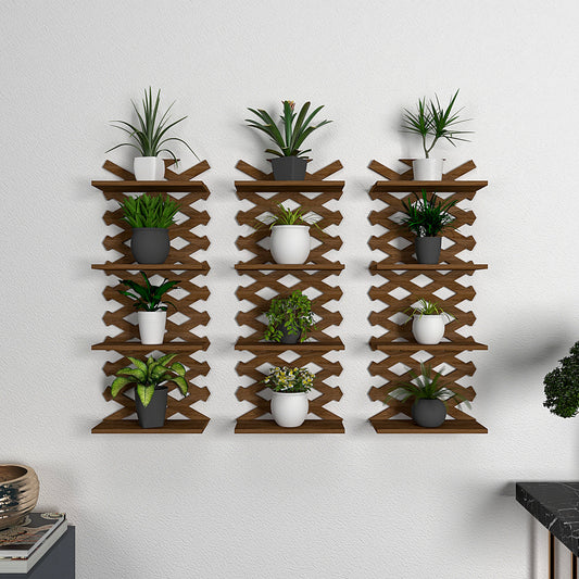 Criss Cross Designer Dark Walnut Planter Wall Shelves Set Of 3