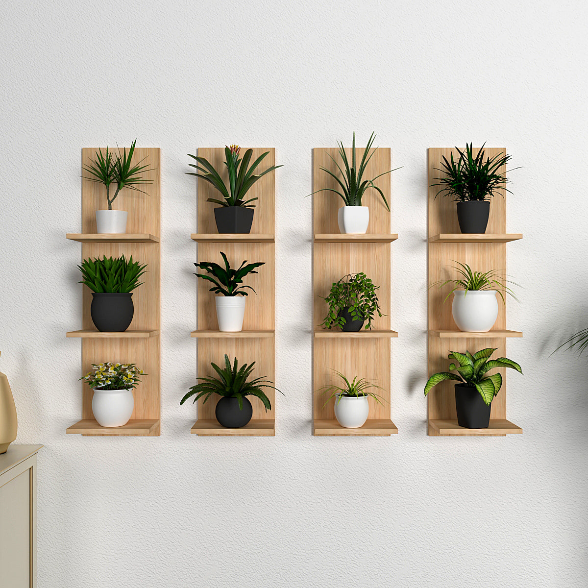 Classic Vertical Oak Finish Planter Wall Shelves Set Of 4