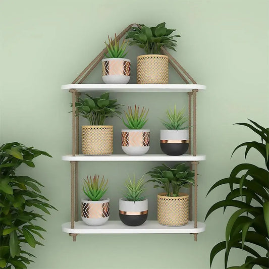 Wooden Wall Hanging Planter Shelf with Rope Three Layer (White Color)