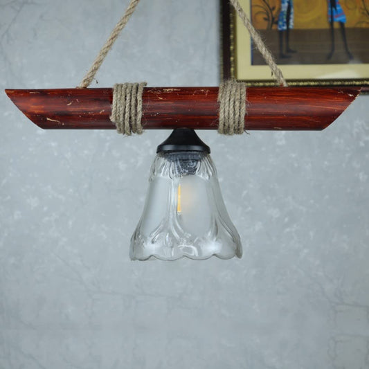 Wooden Bamboo With Glass and Rope Hanging Light
