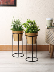 Big Pot Shape Planter with Stand Black & Gold Set of 2