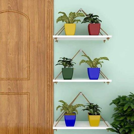 Wooden Wall Hanging Planter Shelf with Rope (White, Set of 3)