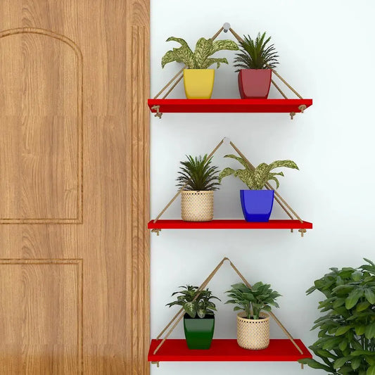 Wooden Wall Hanging Planter Shelf with Rope (Red, Set of 3)