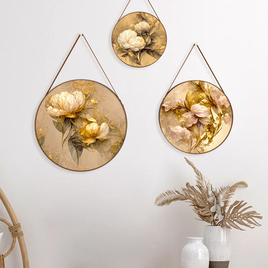 Golden Peony Flower Round Framed Wall Art Set of 3
