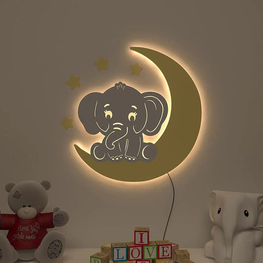 Playful Elephant & Moon Backlit Wooden Wall Décor