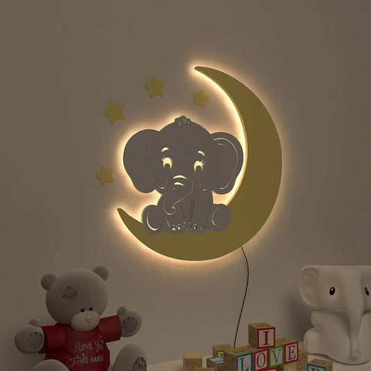 Playful Elephant & Moon Backlit Wooden Wall Décor