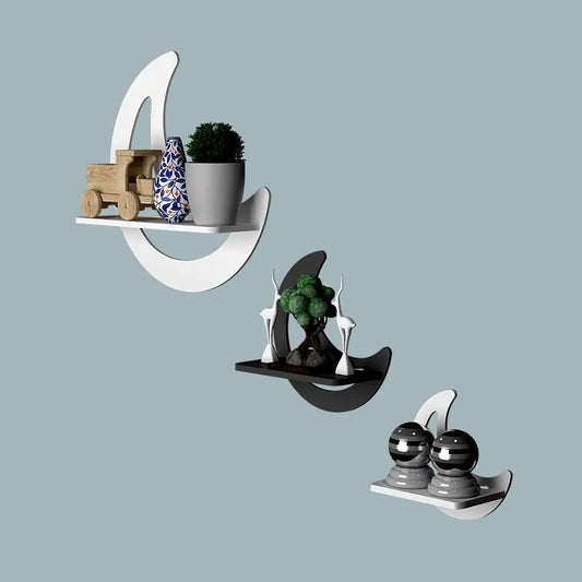 Moon Shape Set of 3 Wood Wall Shelf / Book Shelf, White & Grey