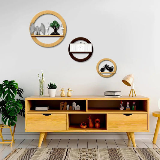 Circle Shape set of 3 Wood Wall Shelves / Book Shelf,Walnut and Oak Finish