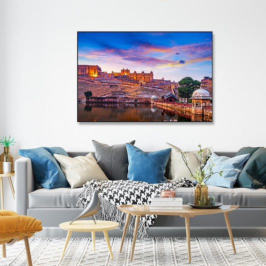 Sunset at Amber Fort and Maota Lake Framed Wall Art