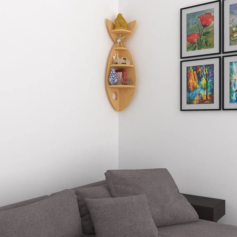 Fish Shape Wood Corner Wall Shelf / Book Shelf,Oak Finish