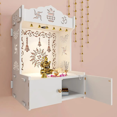 Premium Wall Temple with Inbuilt Focus Light & Spacious Wooden Shelf- White