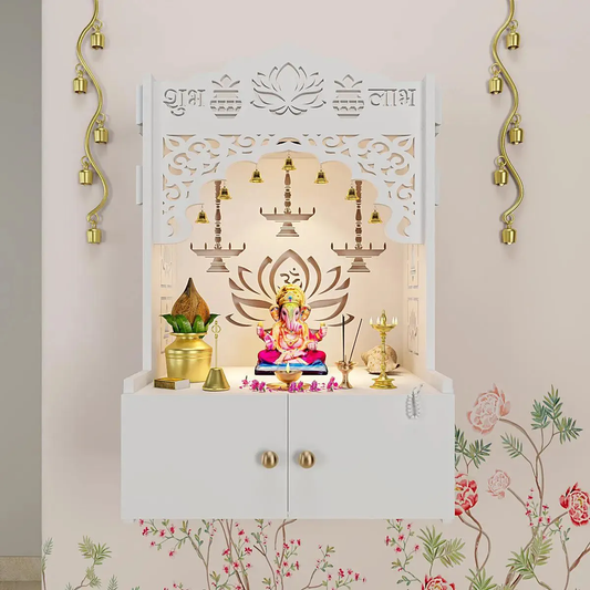 Lotus White Finish Wooden Wall Temple for Home With Inbuilt focus Lights & Spacious Shelf