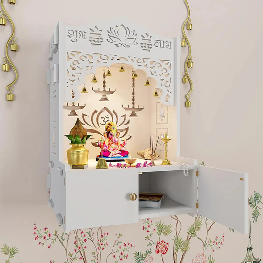 Lotus White Finish Wooden Wall Temple for Home With Inbuilt focus Lights & Spacious Shelf