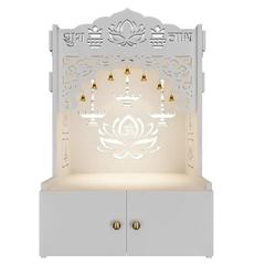 Lotus White Finish Wooden Wall Temple for Home With Inbuilt focus Lights & Spacious Shelf