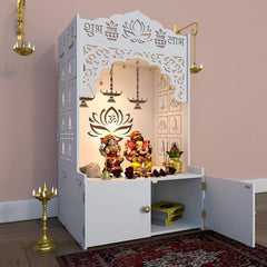 Lotus Pattern MDF Wood Temple with Spacious Shelf & Inbuilt Focus Light- White