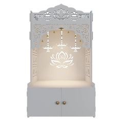 Lotus Pattern MDF Wood Temple with Spacious Shelf & Inbuilt Focus Light- White