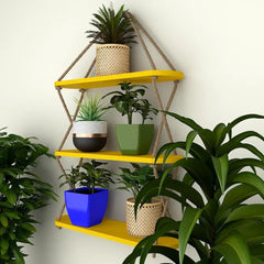 Wooden Wall Hanging Planter Shelf, Cross Rope with Three Layer (Yellow Color)