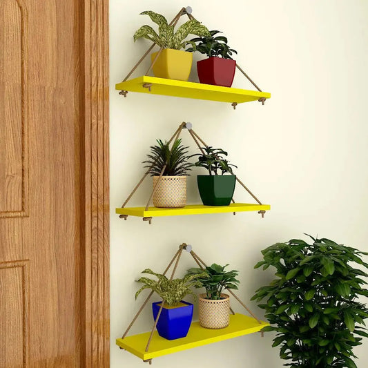 Wooden Wall Hanging Planter Shelf with Rope (Yellow, Set of 3)