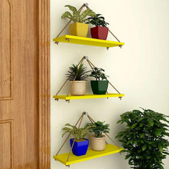 Wooden Wall Hanging Planter Shelf with Rope (Yellow, Set of 3)