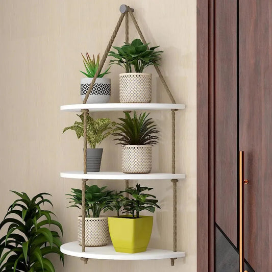 Wooden Wall Hanging Planter Shelf with Rope Three Layers(White)