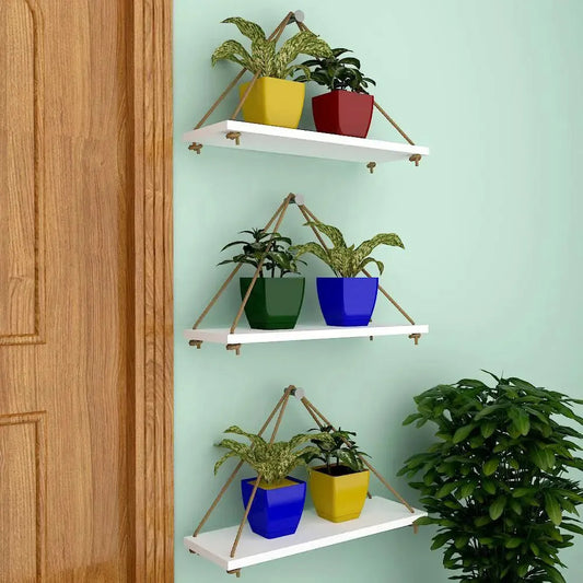 Wooden Wall Hanging Planter Shelf with Rope (White, Set of 3)