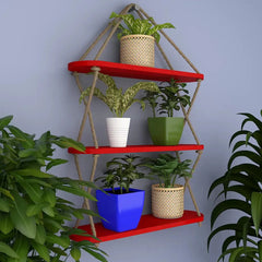 Wooden Wall Hanging Planter Shelf, Cross Rope with Three Layer (Red Color)